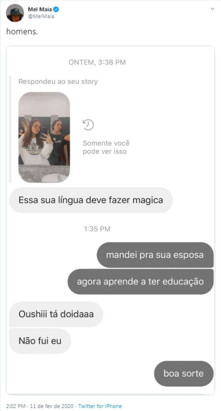 Mensagens que Mel Maia trocou com o homem que a enviou coment&aacute;rio de ass&eacute;dio.