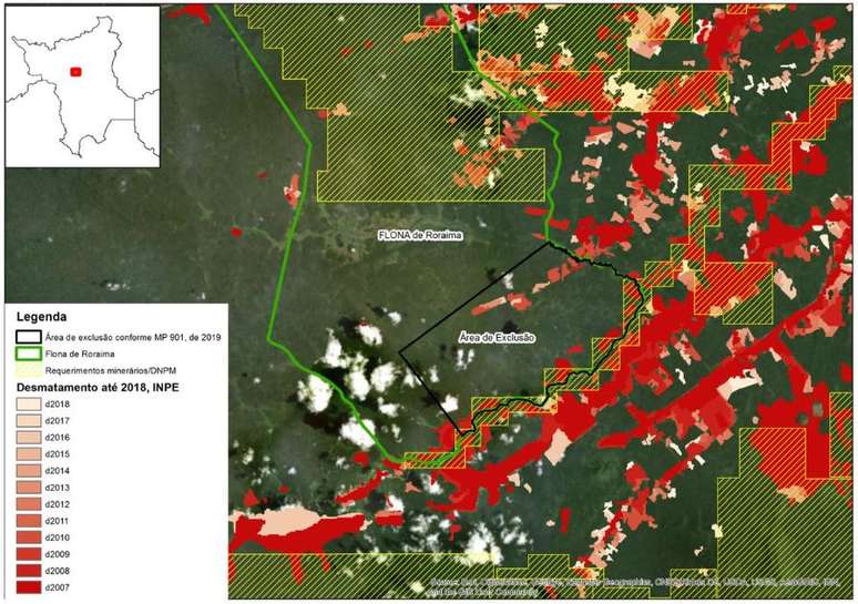 Tracejado em amarelo indica as áreas que são de interesse da mineração na Floresta Nacional de Roraima