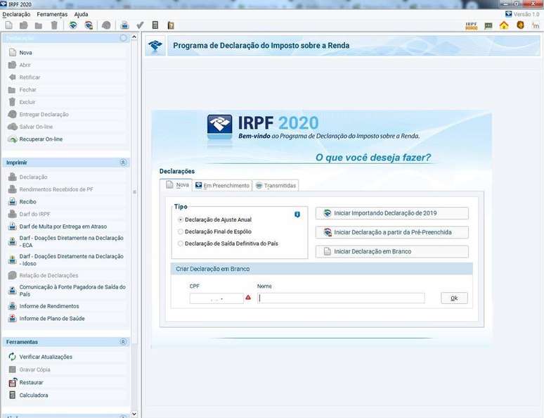 Tela Inicial do programa para entrega da declaração do Imposto de Renda para a Receita Federal em 2020