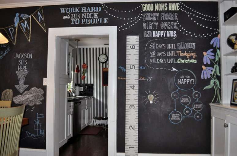 4. O papel de parede divertido lousa j&aacute; &eacute; um cl&aacute;ssico na decora&ccedil;&atilde;o contempor&acirc;nea. Fonte: Pinterest