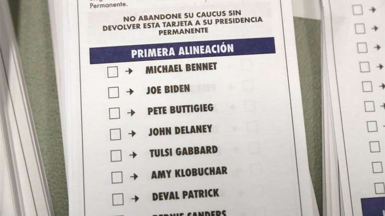 Cédula do caucus de Nevada em espanhol; parte considerável dos eleitores são latinos