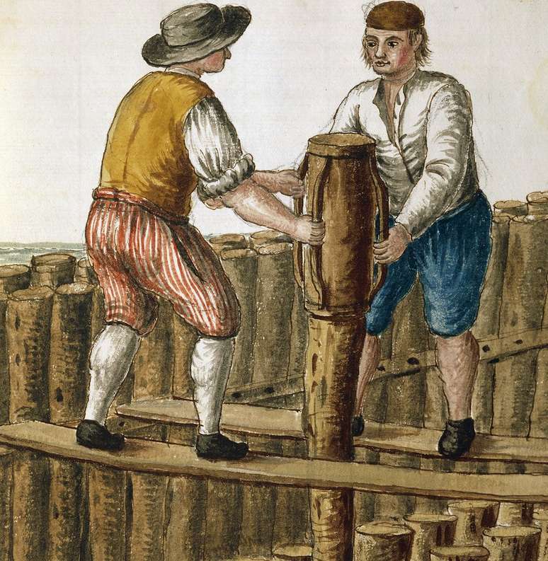 Colocação de cimento sob a fundação de madeira em Veneza, na ilustração de Jan van Grevenbroeck (1731-1807)