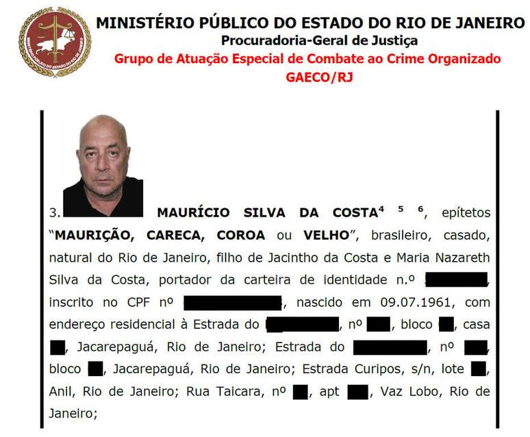 A ficha do tenente reformado da PM Maurício Silva da Costa, o Maurição