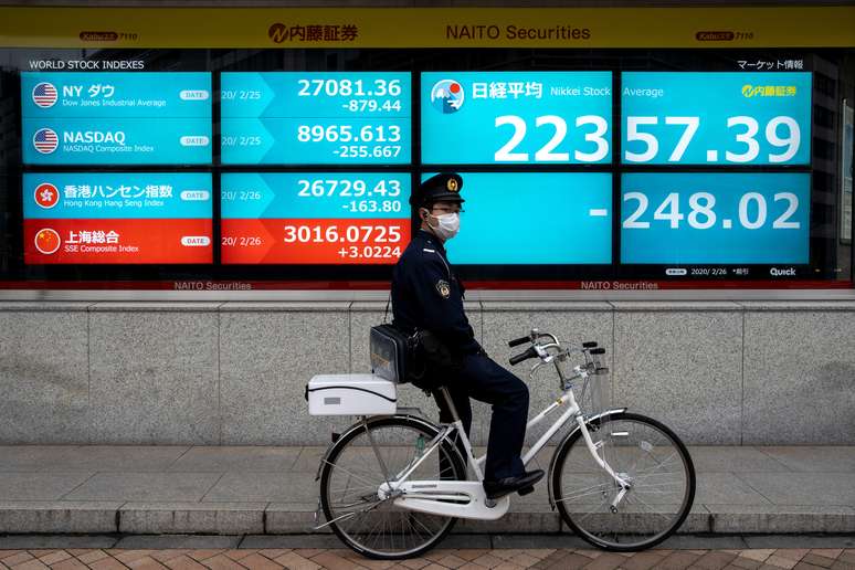 Policial usando máscara de proteção passa pela frente de painel mostrando cotações de bolsas mundiais. 26/2/2020. REUTERS/Athit Perawongmetha 