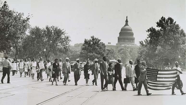 Protesto em 1946, em Washington, contra linchamentos no Sul do país