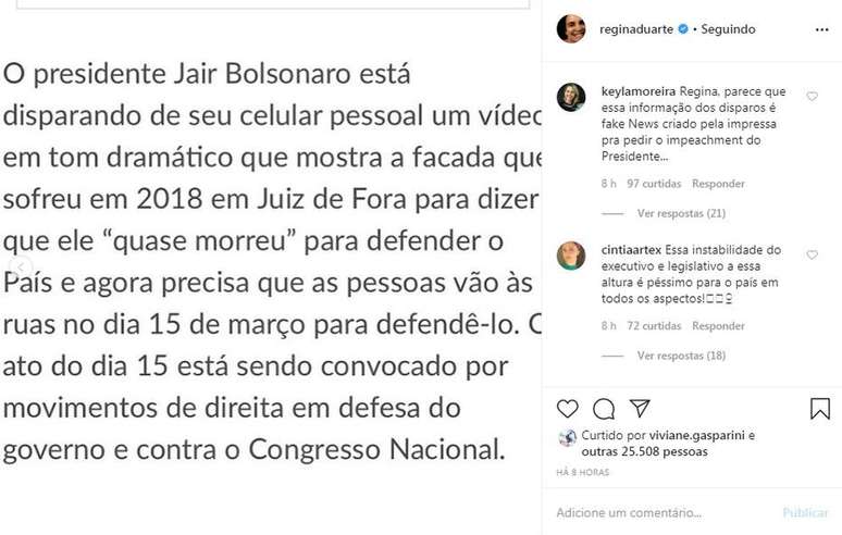 Postagem de Regina Duarte sobre manifestação de 15 de março