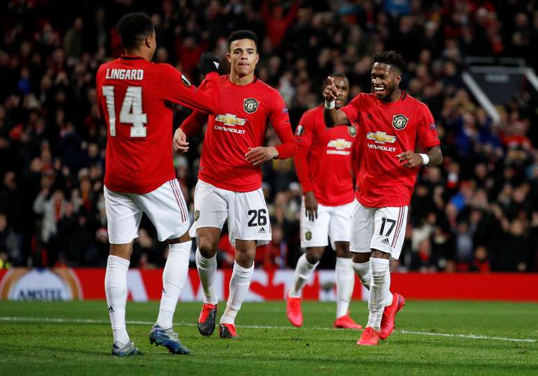 Jogadores do Manchester United comemoram gol marcado contra o Brugges pela Liga Europa
27/02/2020  REUTERS/Phil Noble 