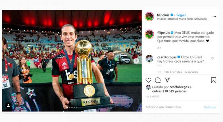 Após mais um título do Fla, Cesc Fàbregas comentou postagem de Filipe Luís (Imagem: Reprodução/Instagram)
