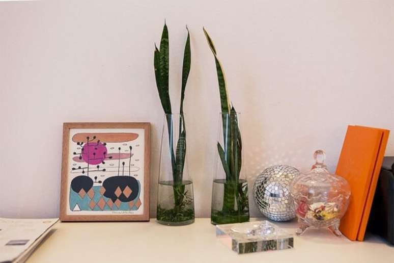 45. O recipiente de vidro com plantas decora a cômoda. Fonte: Pinterest