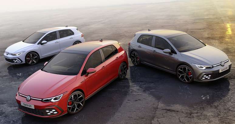 Novos Golf GTI (vermelho), GTE (branco) e GTD (cinza): por enquanto, a VW não confirma a vinda dessa geração para o Brasil.