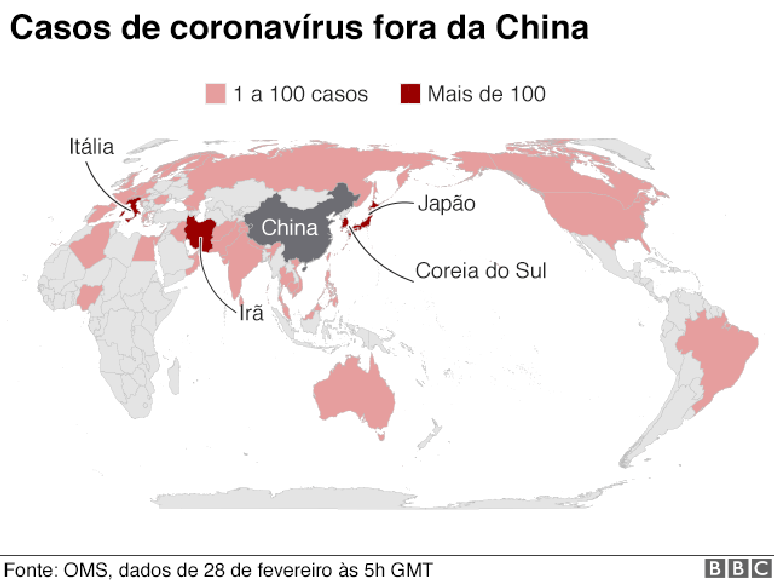 mapa dos casos de coronavírus fora da China