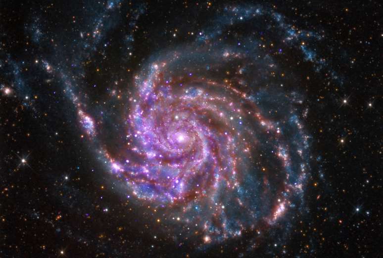 A galáxia espiral M101 é mostrada nesta foto sem data do Observatório Chandra X-Ray da NASA. O M101 é uma galáxia espiral como a Via Láctea, mas cerca de 70% maior. Está localizado a cerca de 21 milhões de anos-luz da Terra.