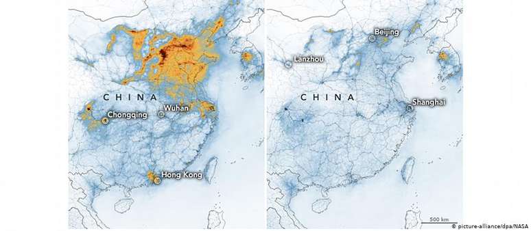 Mapas comparam os níveis de dióxido de nitrogênio na China no início do ano (à esq.) e em fevereiro