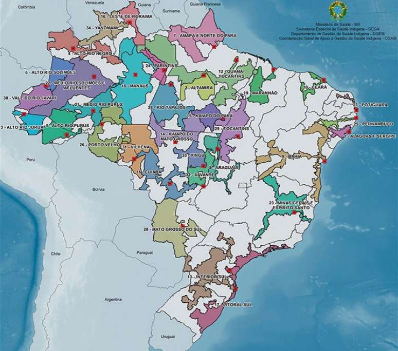 Mapa dos Distritos Sanitários Especiais Indígenas (DSEIs), responsáveis pelo atendimento das comunidades