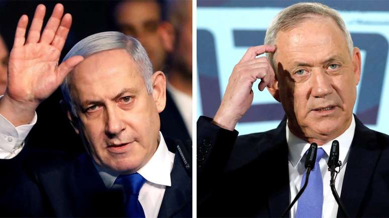 O principal rival de Benjamin Netanyahu (esq.) é seu ex-chefe militar, Benny Gantz