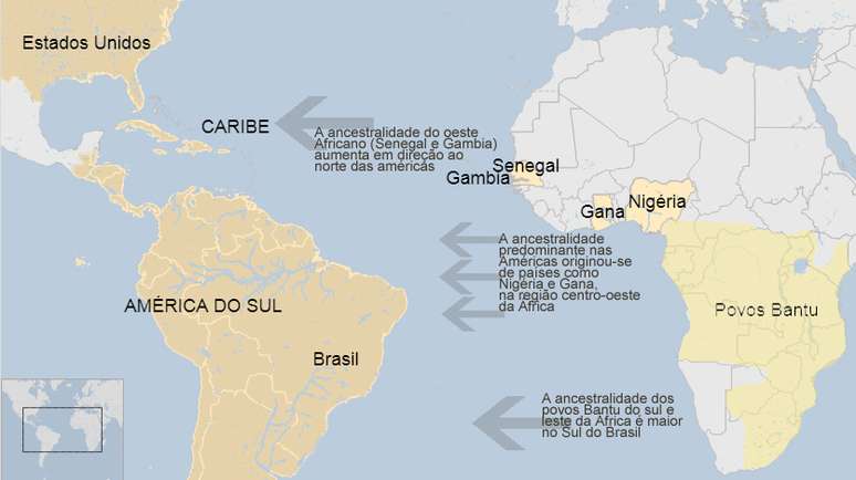 Mapa das heran&ccedil;as gen&eacute;ticas da &Aacute;frica nas Am&eacute;ricas