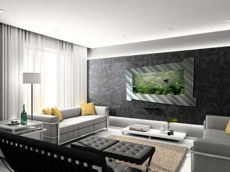 19. As plantas para aqu&aacute;rio se tornam uma linda pintura em movimento na sala de estar. Fonte: Pinterest