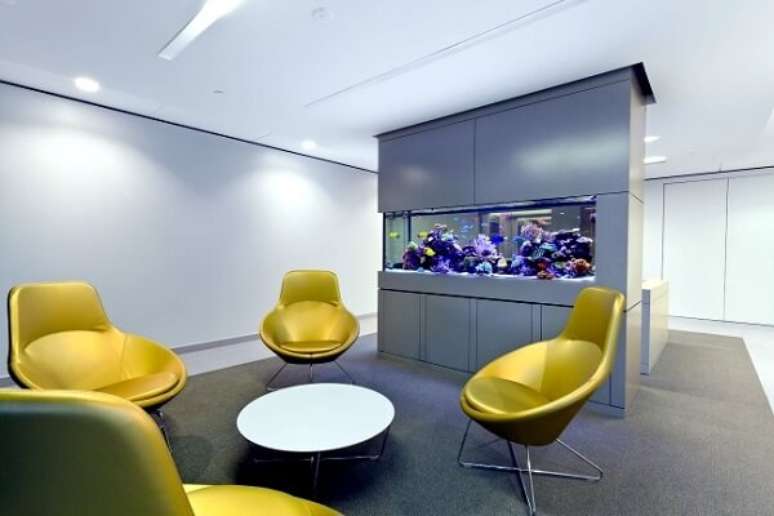 40. O escrit&oacute;rio pode receber uma decora&ccedil;&atilde;o mais sofisticada com a presen&ccedil;a de plantas para aqu&aacute;rio. Fonte: Pinterest