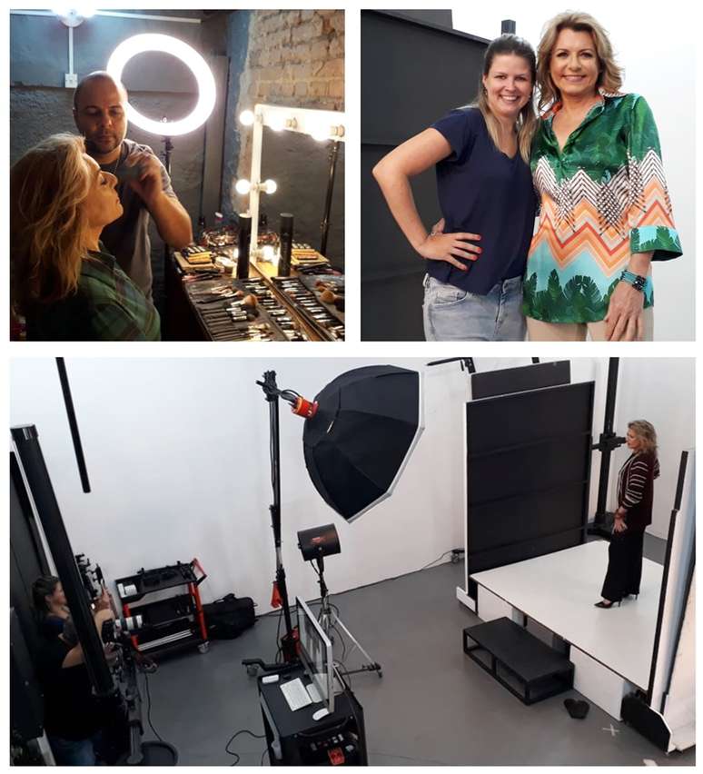 Acima, Olga com a estilista Carla Folloni e sendo maquiada; abaixo, no estúdio: dia de top model