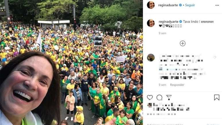 Redes sociais da atriz têm várias publicações favoráveis ao governo, como convocações para manifestações