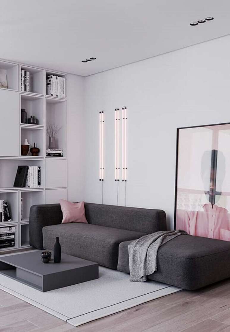 80. Decoração de sala de estar moderna cinza e rosa – Foto: Pinterest
