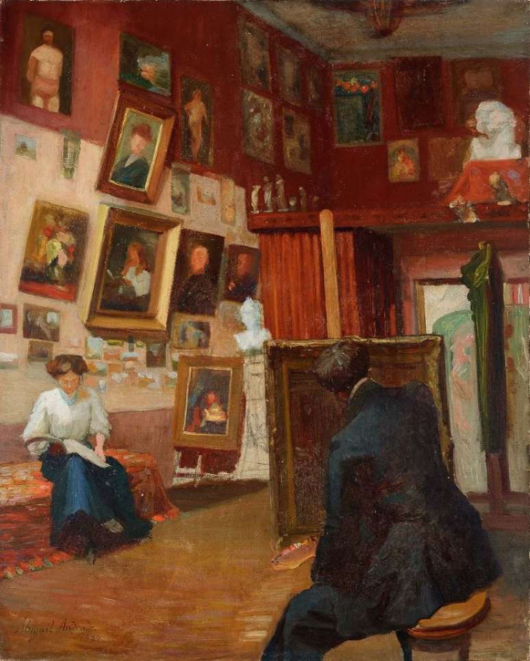 'Interior de Ateli&ecirc;' (1889) retrata um pouco da vida do casal em Paris: na imagem, &Acirc;ngelo pinta enquanto Abigail l&ecirc;