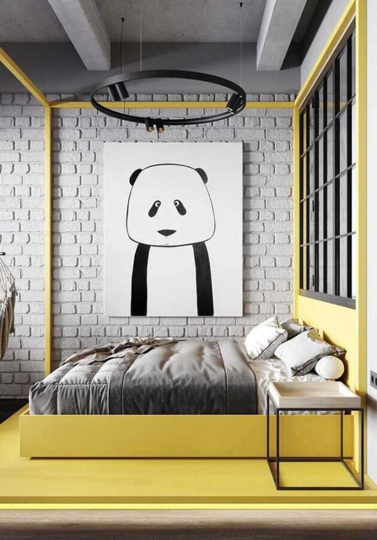 43. Decoração com estilo industrial para quarto amarelo e cinza – Foto: Pinterest