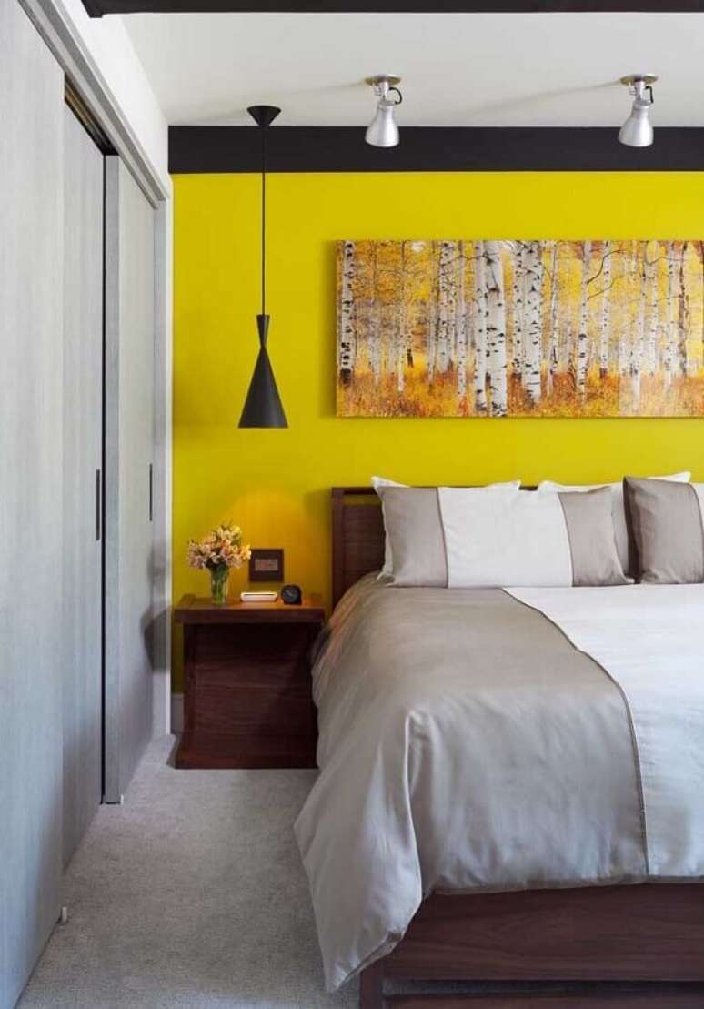 44. Quarto amarelo e cinza com decora&ccedil;&atilde;o moderna &ndash; Foto: Pinterest