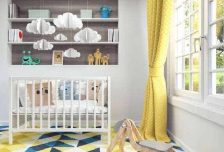 21. Cortina e tapetes também podem ser o destaque em um quarto de bebê cinza – Foto: Dicas de Arquitetura