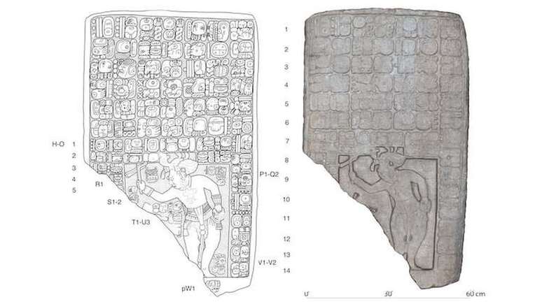 Desenho de Stephen Houston (&agrave; esq.) e modelo em 3D do painel encontrado no local