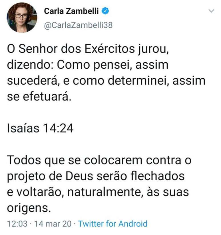 Tuíte excluído por Carla Zambelli, postado após a morte do ex-ministro Gustavo Bebianno