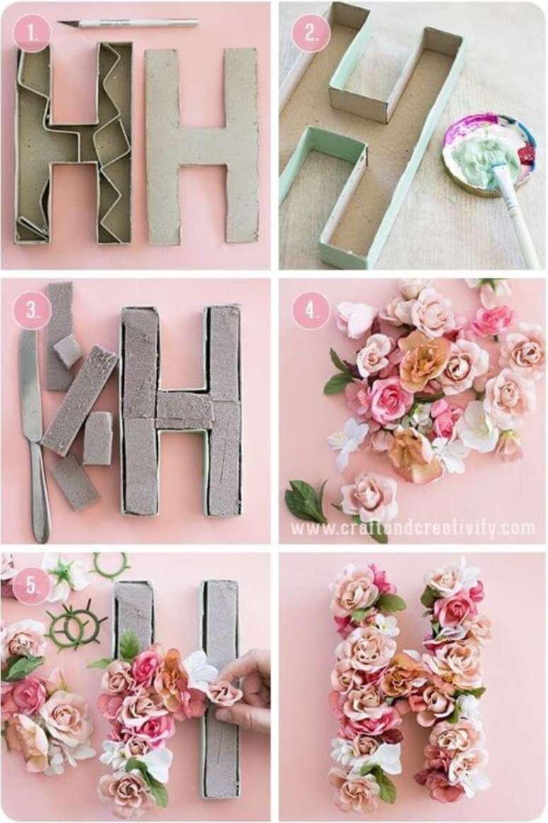 73. Passo a passo do Moldes de letras de papelão e flores – Via: Pinterest