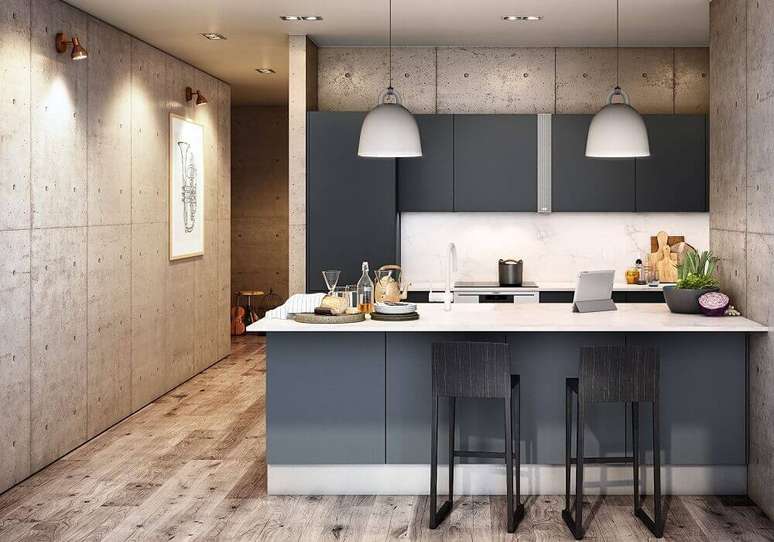 28. Cozinha americana moderna decorada com pendentes brancos e armário de cozinha planejado preto – Foto: Archello