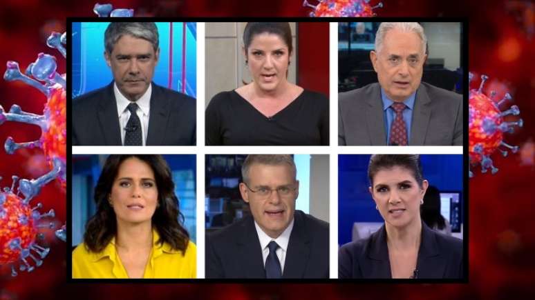 Acima, William Bonner, da Globo; Christiane Pelajo, da GloboNews; William Waack, da CNN Brasil; Adriana Araújo, da RecordTV; Eduardo Oinegue, da Band; e Mariana Godoy, da RedeTV!: informação qualificada em prol do bem-estar do telespectador