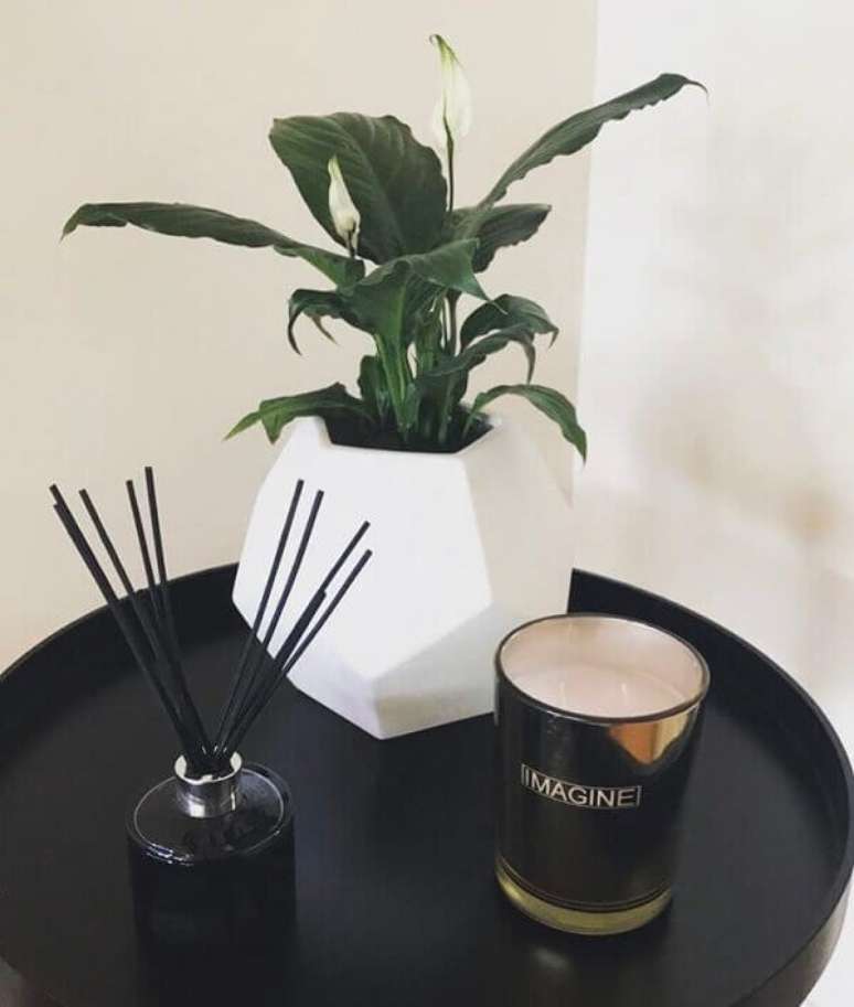 54- Na mesa lateral na cor preta, o vaso e a flor branca do L&iacute;rio da Paz ganham destaque. Fonte: Pinterest