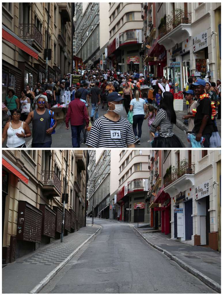 Fotos da Ladeira Porto Geral, centro de São Paulo, em um dia de movimento normal (16/3/2020) e com decretação de fechamento de comércio (24/3/2020) REUTERS/Amanda Perobelli