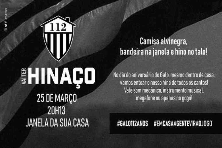 O atleticano poderá fazer um coro e cantar o hino alvinegro às 20h13 desta quarta-feira, 25 de março, aniversário do Clube Atlético-MG-(Reprodução)