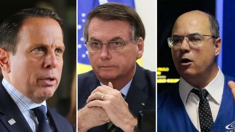 Bolsonaro (centro) criticou as restrições impostas pelos governadores João Doria (esq.) e Wilson Witzel