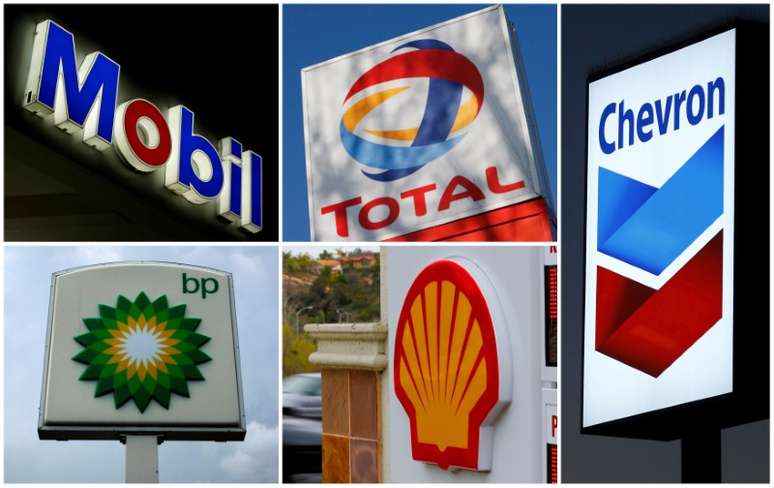 Montagem com logos de gigantes do petr&oacute;leo: BP, Chevron, Exxon Mobil, Shell e Total 
24/03/2020
REUTERS/Arquivo