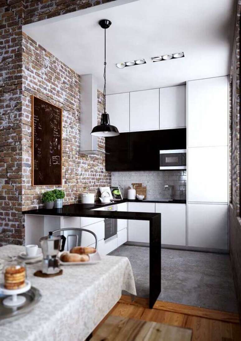 91. Paredes de tijolinho à vista são ótimas para colocar um toque acolhedor na decoração de cozinhas modernas – Foto: Pinterest
