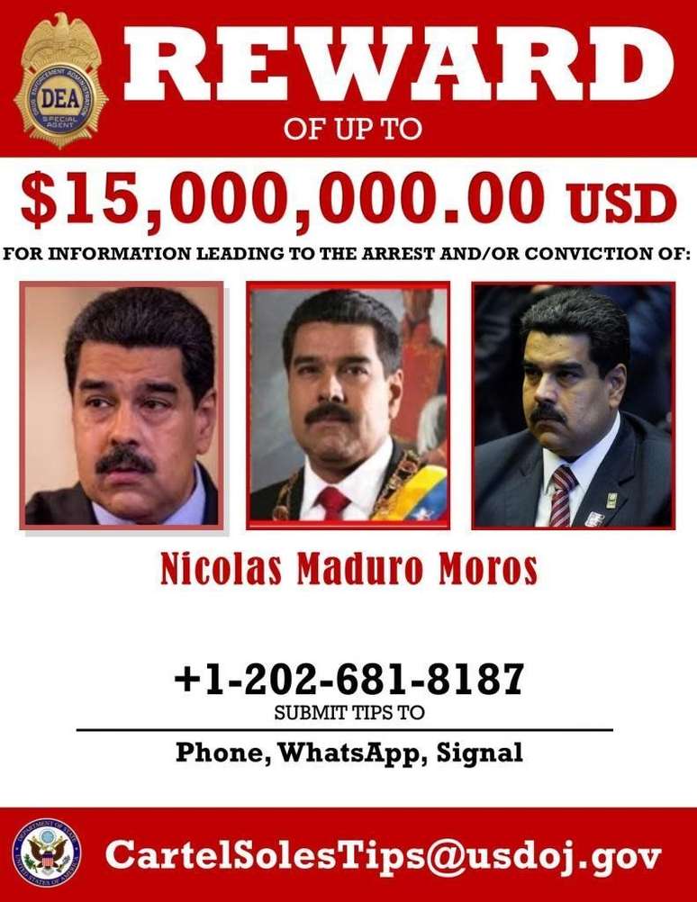 Grupo de Administração para o Controle das Drogas dos Estados Unidos oferece U$ 15 milhões por informações que levem à captura de Maduro
