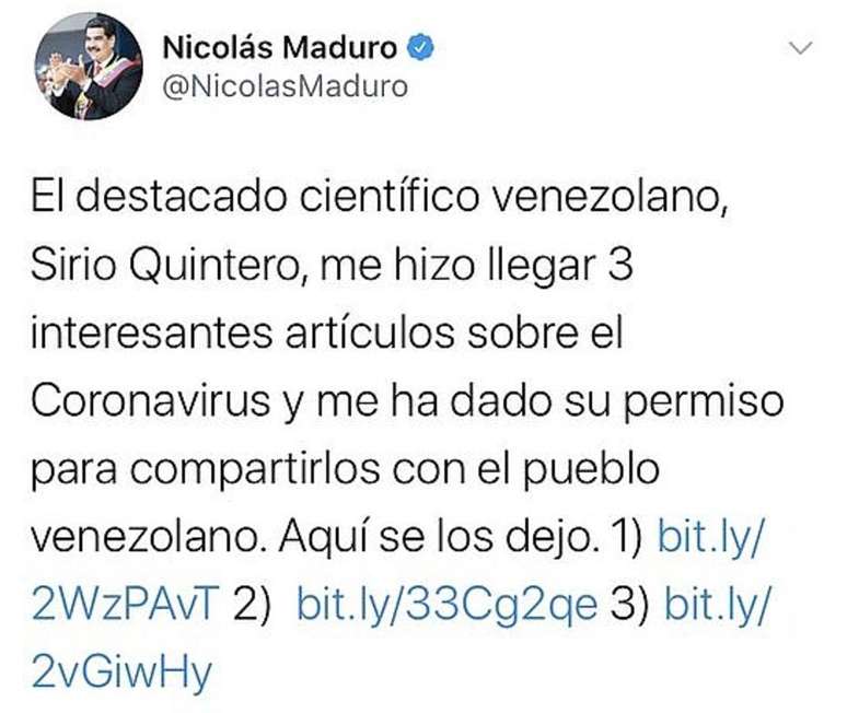 O tweet de Nicolás Maduro, apagado pela rede social.