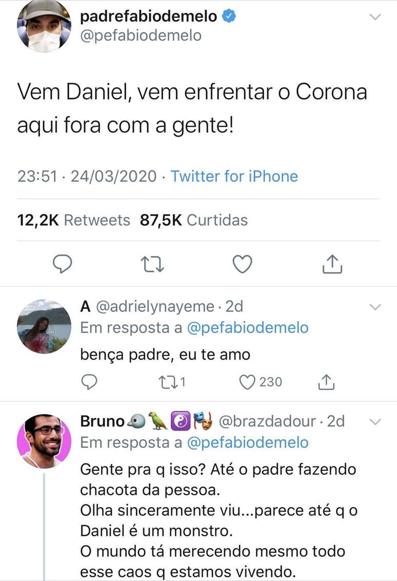 Em quarentena, padre Fábio de Melo comenta saída de Daniel do 'BBB 20' no Twitter.
