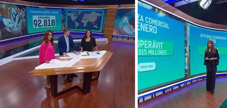 A apresentadora em dois momentos no estúdio do principal telejornal noturno da Televisão Pública da Argentina