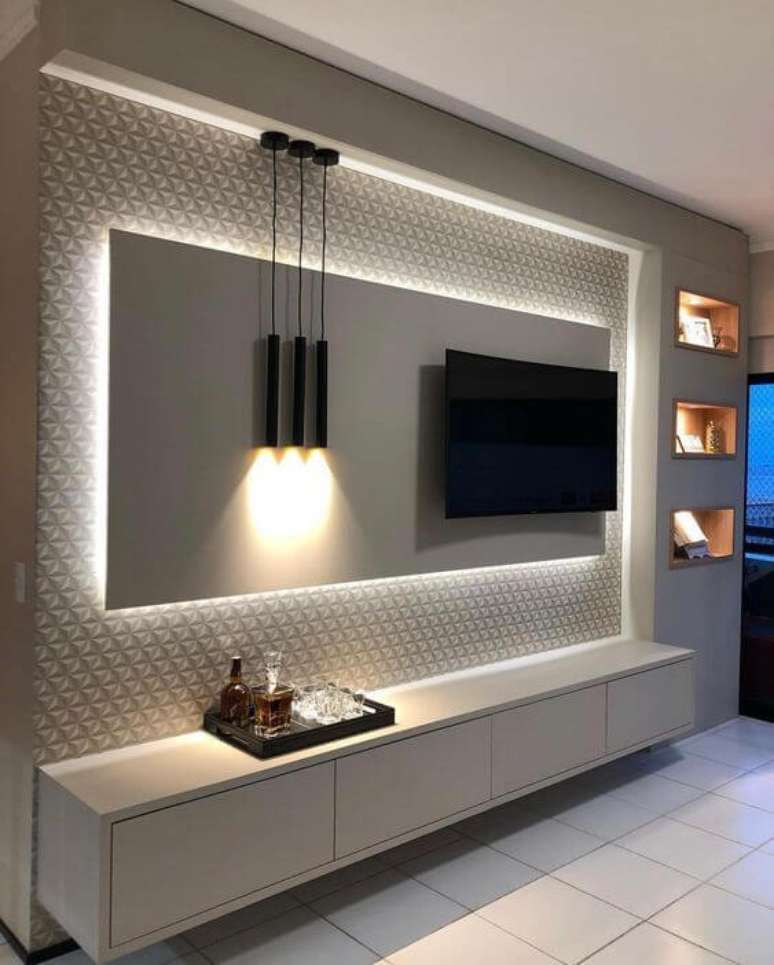 6. Painel para tv com led para quarto moderno – Via: Pinterest