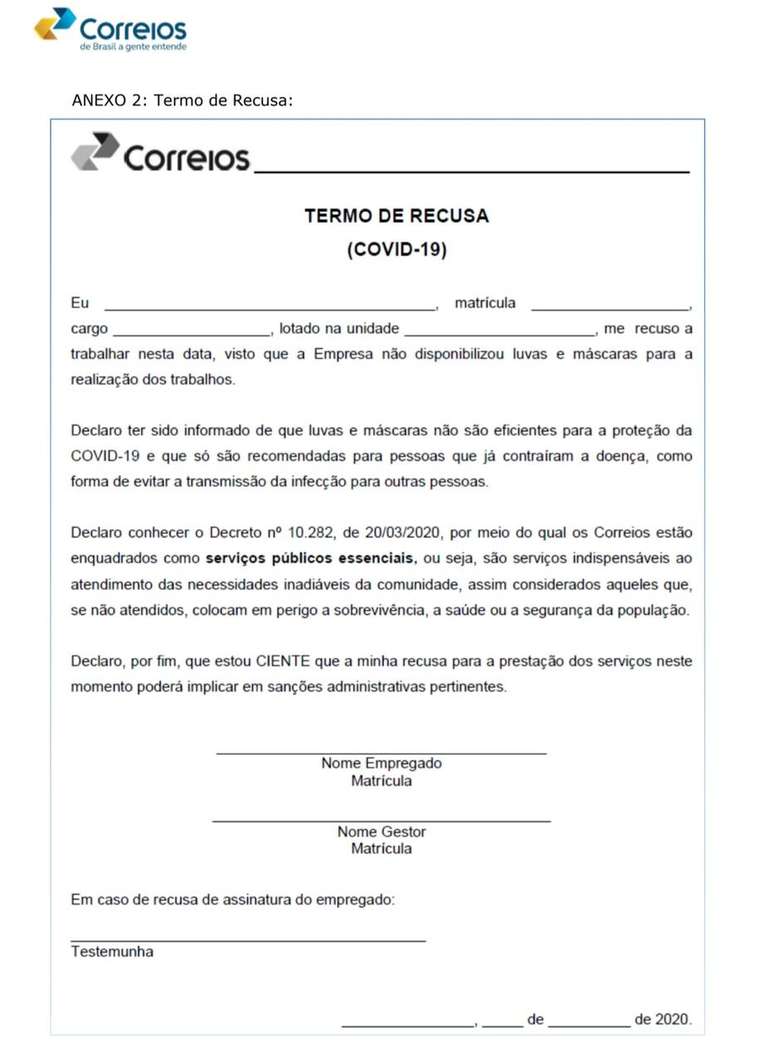 'Termo de Recusa' poderá servir para aplicação de sanções a funcionários dos Correios