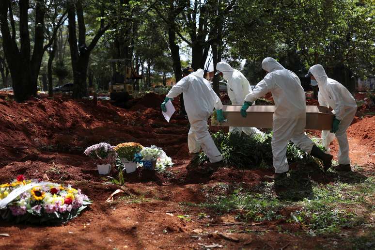 Coveiros usando trajes de proteção carregam caixão no cemitério de Vila Formosa, em São Paulo
02/04/2020
REUTERS/Amanda Perobelli 