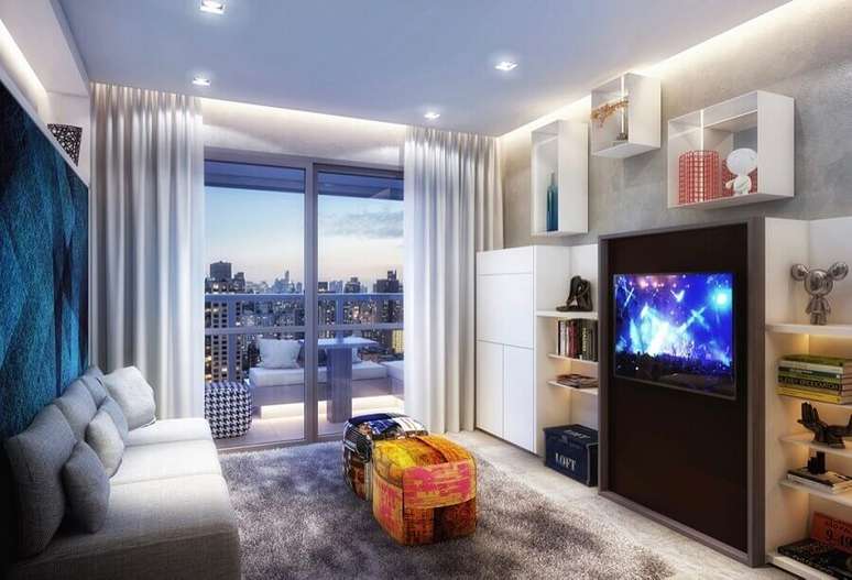 58. Sala cinza para apartamento pequeno decorado &ndash; Foto: Pinterest