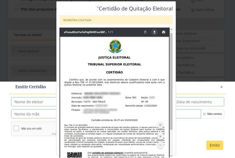 Sua certidão de quitação eleitoral foi gerada