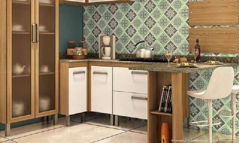 20. Cozinha modulada em L decorada com revestimento retrô – Foto: Lojas KD